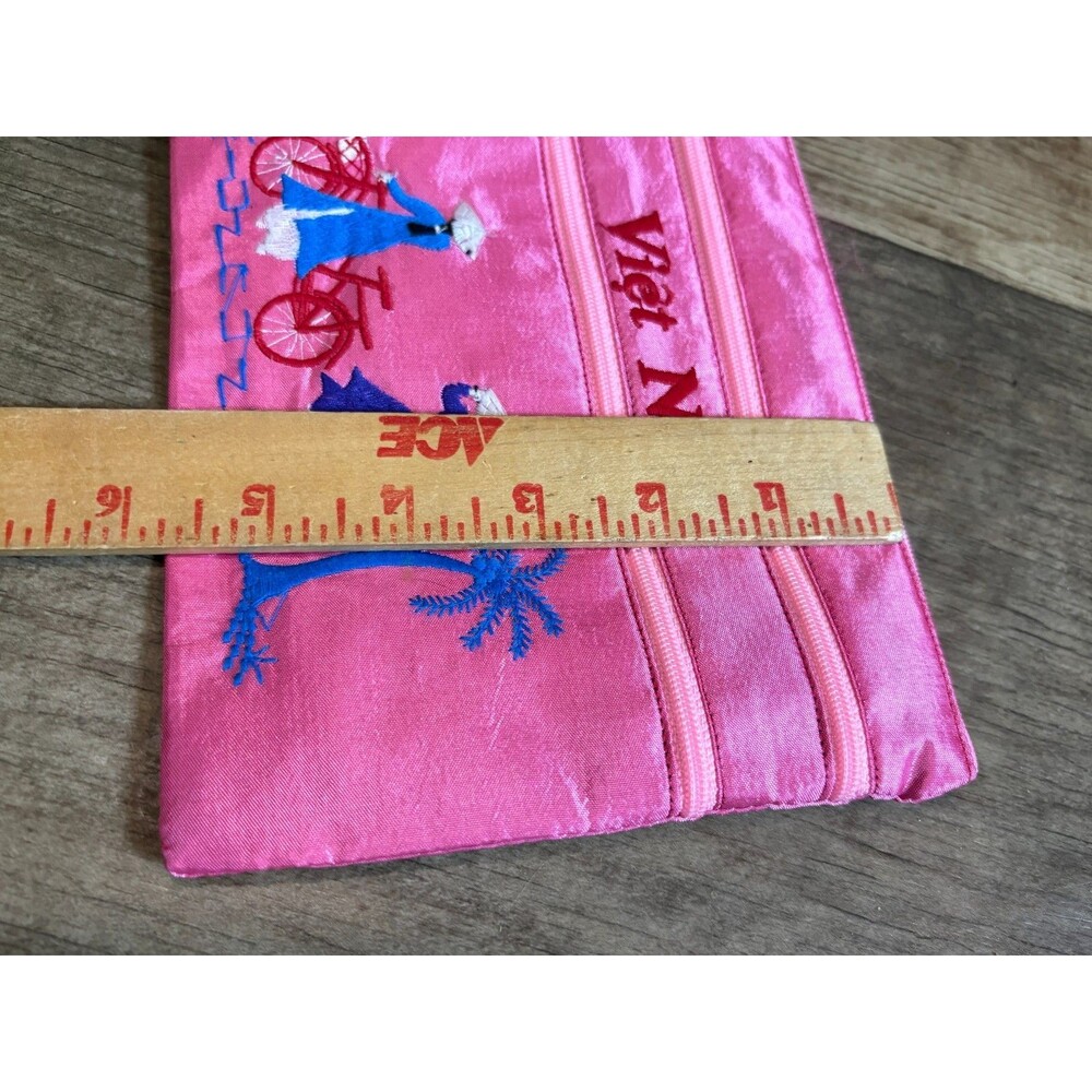 Viet Nam Pouch Zippered Bag Clutch Purse Silk Makeup Bag Pink 3 Section Rare - Picture 6 of 7